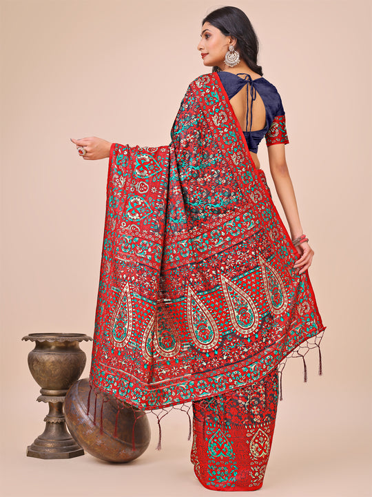 Red Pashmina Cotton Saree With Blouse Piece