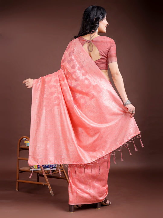 Peach Linen Cotton Saree With Blouse Piece
