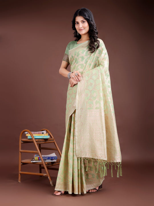 Light Green Linen Cotton Saree With Blouse Piece