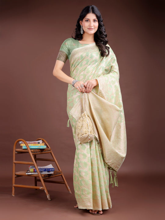 Light Green Linen Cotton Saree With Blouse Piece