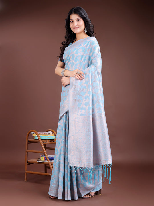 Sky Blue Linen Cotton Saree With Blouse Piece