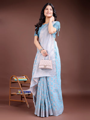 Sky Blue Linen Cotton Saree With Blouse Piece