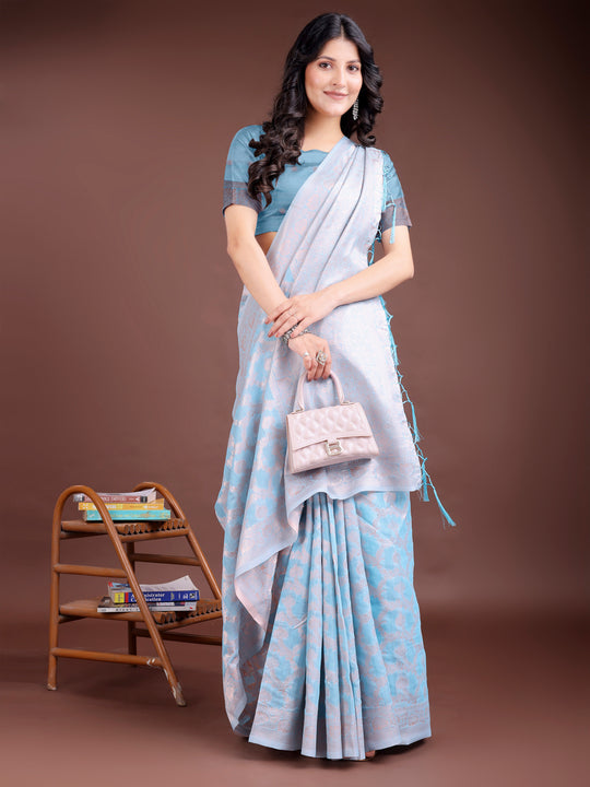 Sky Blue Linen Cotton Saree With Blouse Piece