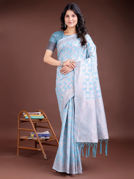 Sky Blue Linen Cotton Saree With Blouse Piece