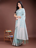 Sea Green Linen Cotton Saree With Blouse Piece