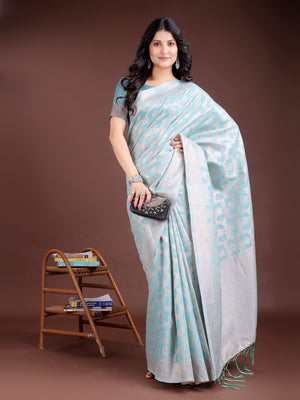 Sea Green Linen Cotton Saree With Blouse Piece