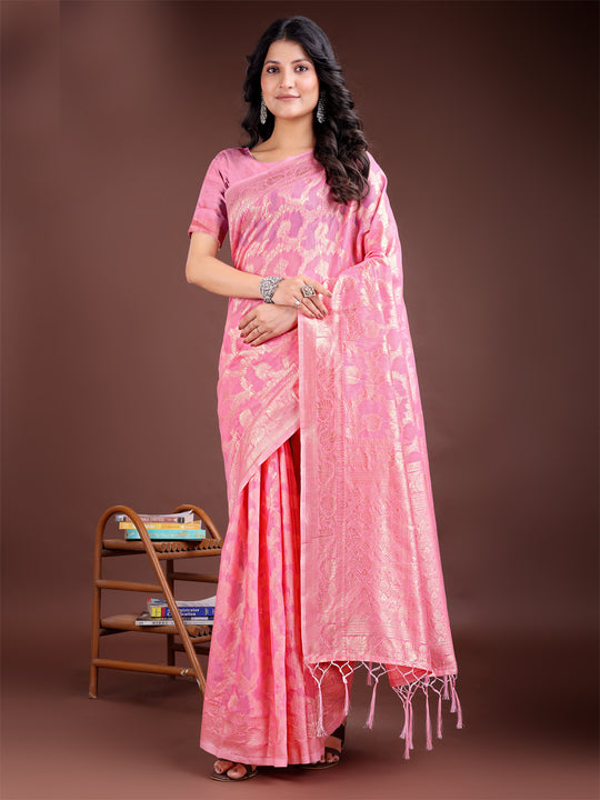 Pink Linen Cotton Saree With Blouse Piece