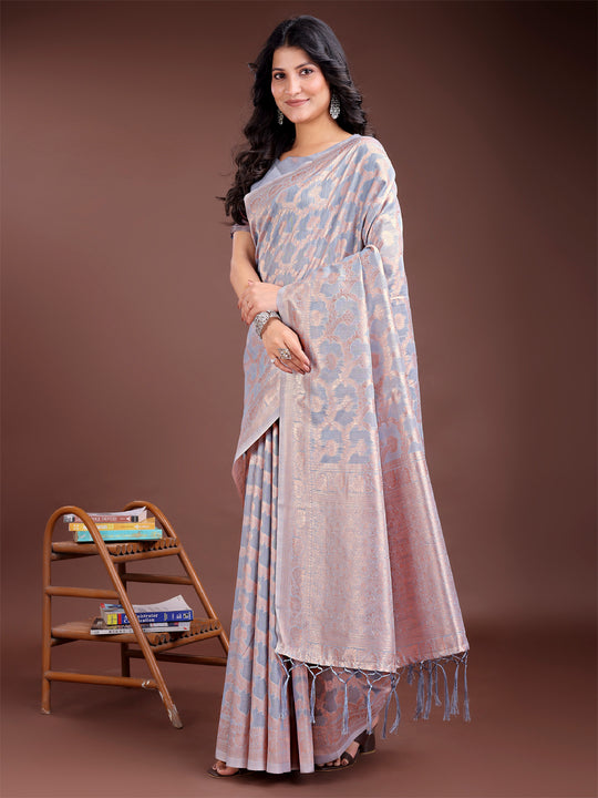 Grey Linen Cotton Saree With Blouse Piece