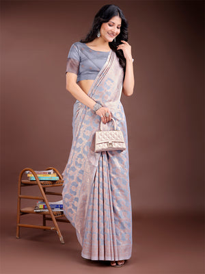 Grey Linen Cotton Saree With Blouse Piece