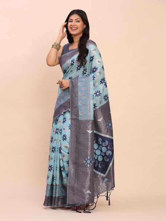 Sky Blue Linen Cotton Saree With Blouse Piece