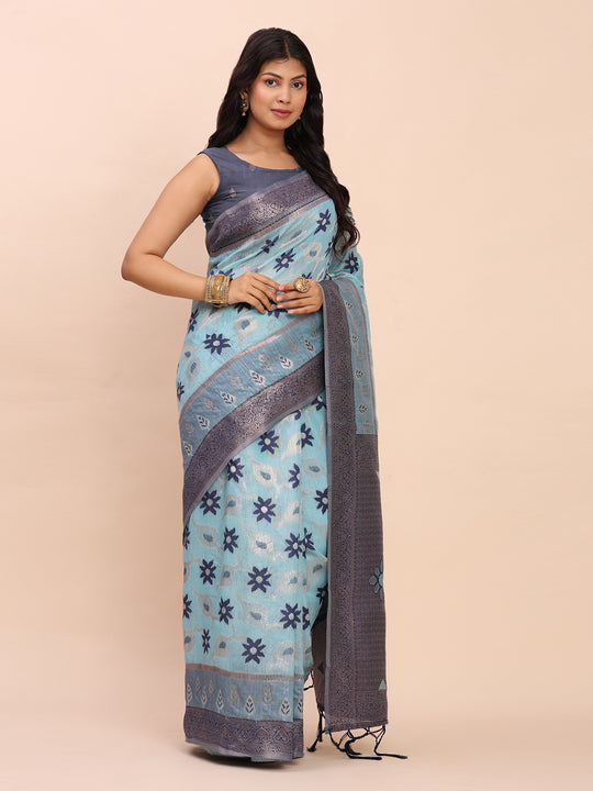 Sky Blue Linen Cotton Saree With Blouse Piece