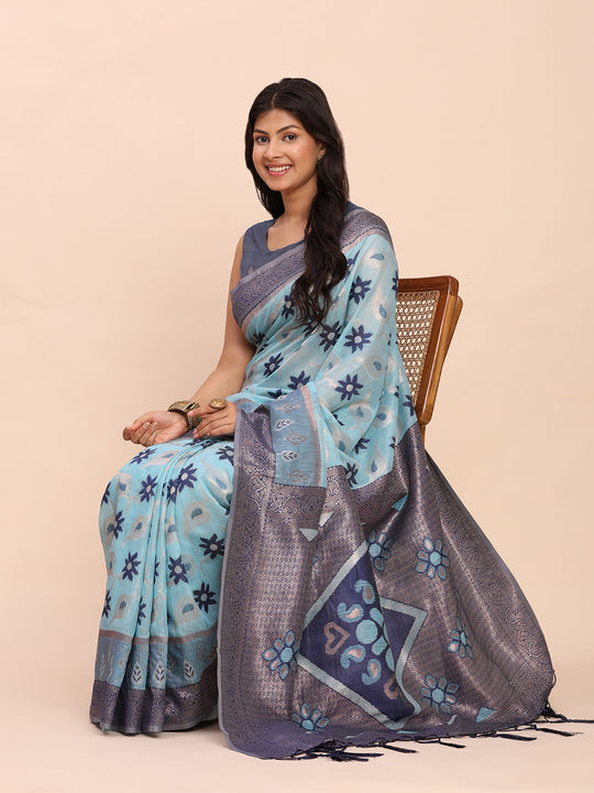 Sky Blue Linen Cotton Saree With Blouse Piece