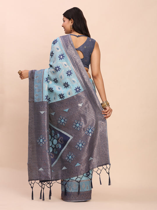 Sky Blue Linen Cotton Saree With Blouse Piece