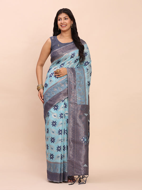 Sky Blue Linen Cotton Saree With Blouse Piece