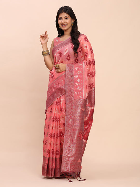 Peach Linen Cotton Saree With Blouse Piece