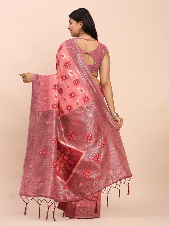 Peach Linen Cotton Saree With Blouse Piece