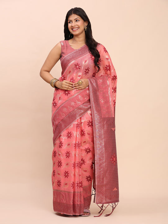 Peach Linen Cotton Saree With Blouse Piece