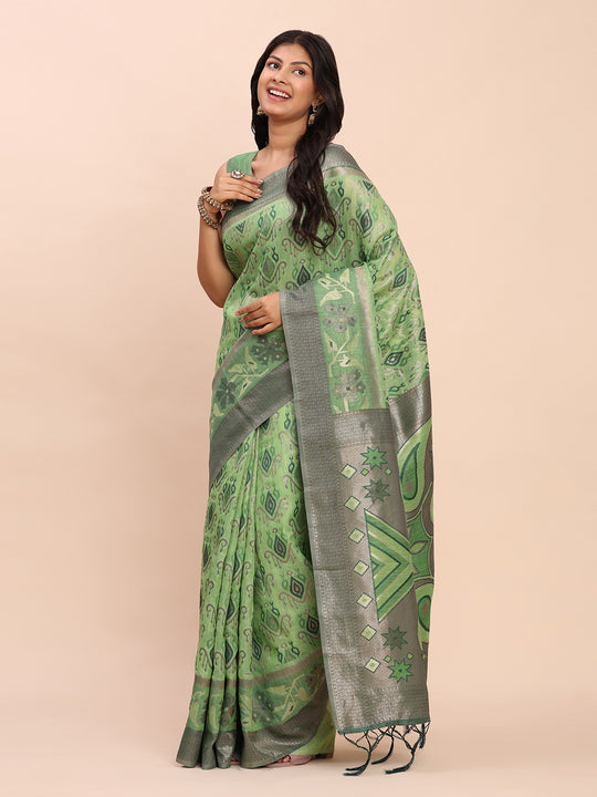 Green Linen Cotton Saree With Blouse Piece