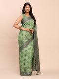 Green Linen Cotton Saree With Blouse Piece