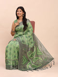 Green Linen Cotton Saree With Blouse Piece