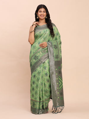 Green Linen Cotton Saree With Blouse Piece