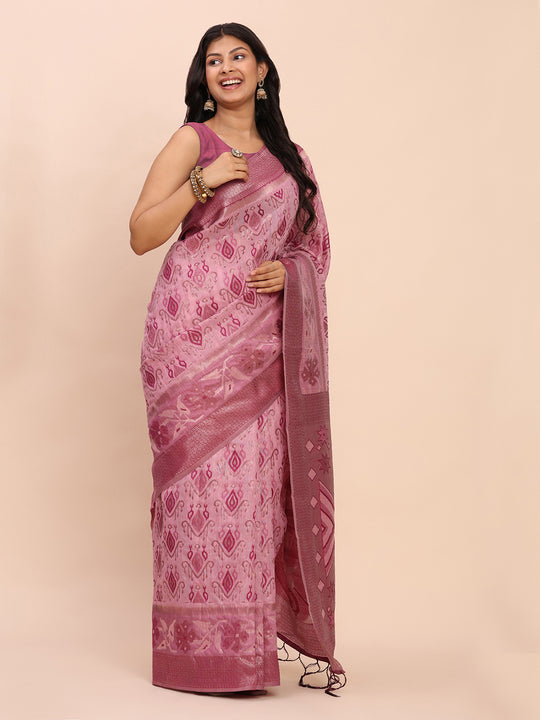 Light Pink Linen Cotton Saree With Blouse Piece