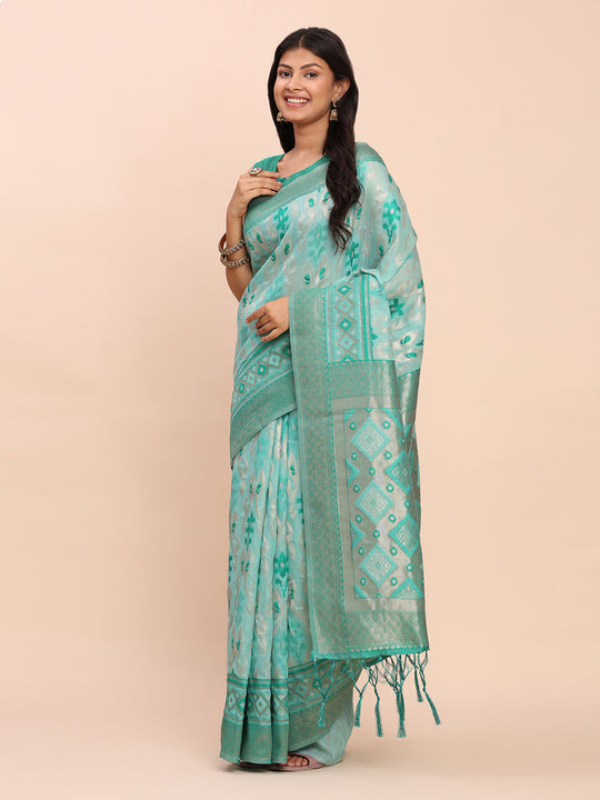 Sea Green Linen Cotton Saree With Blouse Piece
