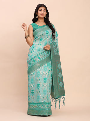 Sea Green Linen Cotton Saree With Blouse Piece