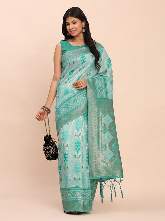 Sea Green Linen Cotton Saree With Blouse Piece