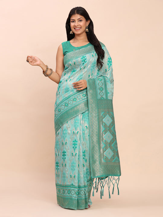 Sea Green Linen Cotton Saree With Blouse Piece