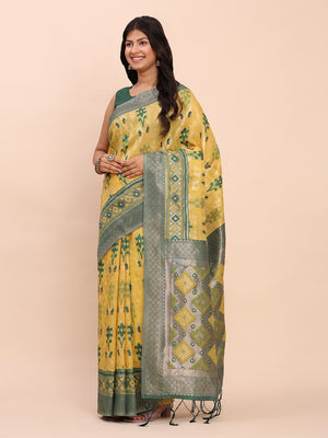 Yellow Linen Cotton Saree With Blouse Piece
