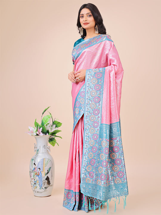 Pink Lichi Silk Saree With Blouse Piece