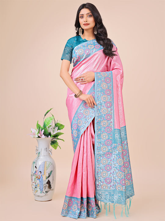 Pink Lichi Silk Saree With Blouse Piece