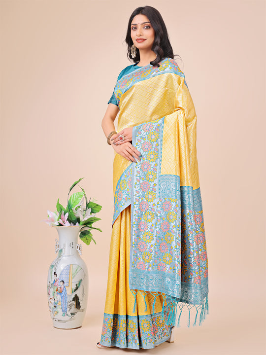 Yellow Lichi Silk Saree With Blouse Piece