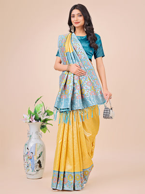 Yellow Lichi Silk Saree With Blouse Piece