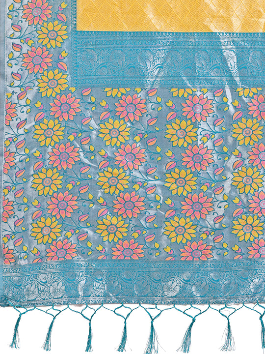 Yellow Lichi Silk Saree With Blouse Piece