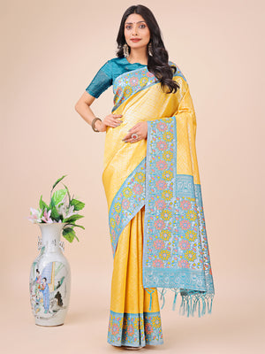 Yellow Lichi Silk Saree With Blouse Piece