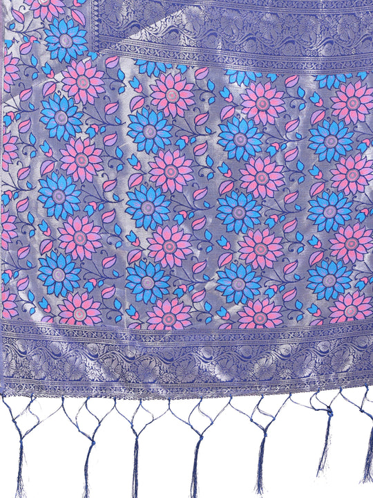 Sky Blue Lichi Silk Saree With Blouse Piece