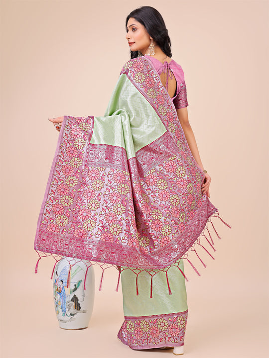 Olive Green Lichi Silk Saree With Blouse Piece