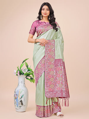 Olive Green Lichi Silk Saree With Blouse Piece