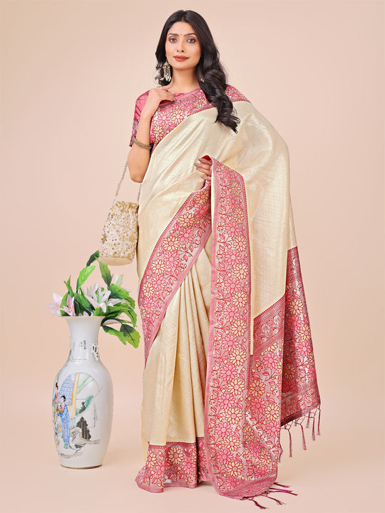 Cream Lichi Silk Saree With Blouse Piece