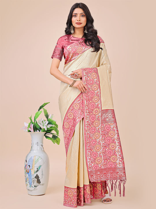 Cream Lichi Silk Saree With Blouse Piece