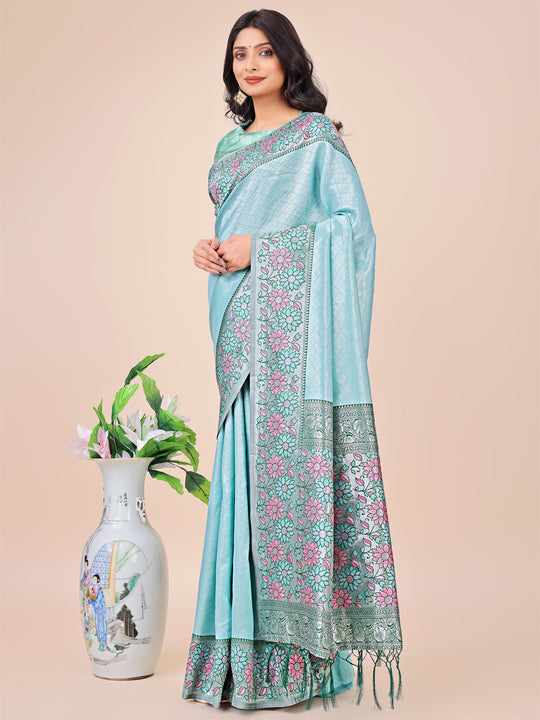 Teal Lichi Silk Saree With Blouse Piece