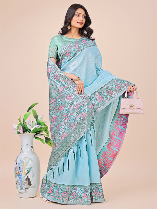 Teal Lichi Silk Saree With Blouse Piece