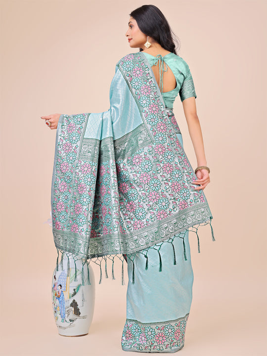 Teal Lichi Silk Saree With Blouse Piece