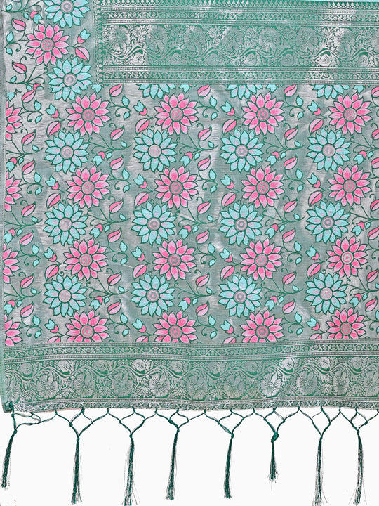 Teal Lichi Silk Saree With Blouse Piece