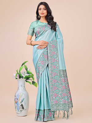 Teal Lichi Silk Saree With Blouse Piece