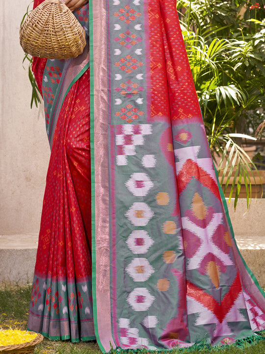 Red Pochampalli Silk Saree With Blouse Piece