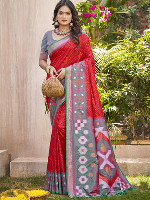 Red Pochampalli Silk Saree With Blouse Piece