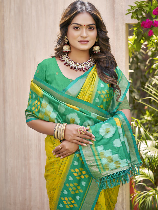 Mustard Yellow Pochampalli Silk Saree With Blouse Piece